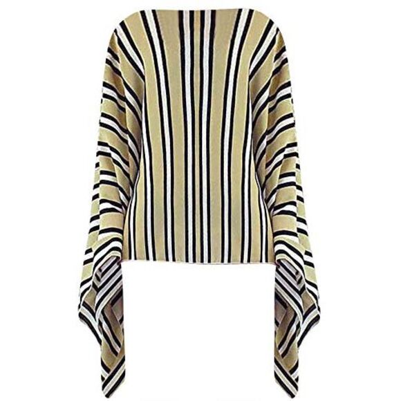 Beige Black & White Striped Lightweight Poncho Top - Picture 6 of 9